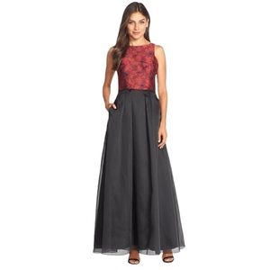 Aidan Mattox Red Black Jacquard Organza Tulle Ballgown Maxi Dress 8